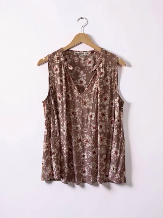 Gypsies & Moondust Tops - Gypsies & Moondust Floral Crinkle Sleeveless V-Neck Tank Top Brown Pink Large